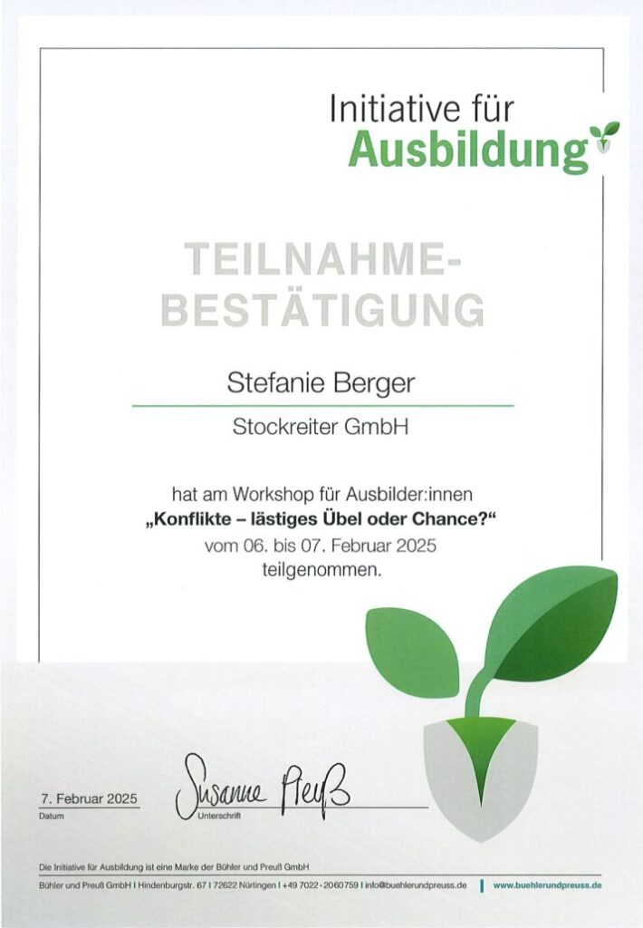Teilnahmebestätigung für Stefanie Berger am Workshop „Konflikte – lästiges Übel oder Chance?“ im Februar 2025.