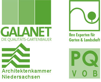 Stockreiter Partner 2025. Aufgelistet sind hier 4 Logos der Partner von Stockreiter GmbH. Zu sehen sind hier das Logo in grün von: GALANET, GaLa-Bau, Architektenkammer Niedersachsen und PQ-VOB.