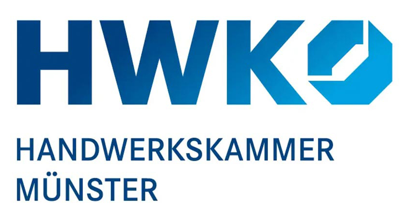 Das Logo der Handwerkskammer Münster zeigt "HWK" und "HANDWERKSKAMMER MÜNSTER" in blauer Schrift.