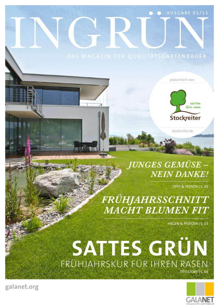 Magazincover "INGRÜN" mit modernem Gebäude und gepflegtem Garten mit Teich und grünem Rasen.