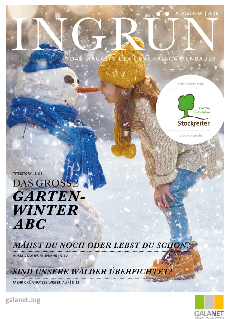 Cover des Magazins "INGRÜN": Eine Person lächelt einen Schneemann an, umgeben von winterlicher Szenerie.