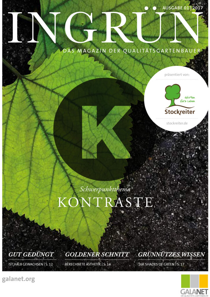 Magazincover "INGRÜN" 01/2017: Grünes Blatt, schwarzer Kreis mit "K", Themen zu Gartenbau und Ästhetik.