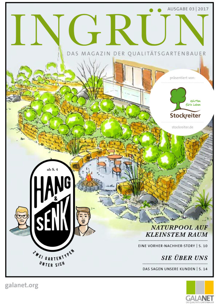 Magazincover "InGrün" zeigt einen stilisierten Garten mit Terrassen, Pflanzen und Naturpool.