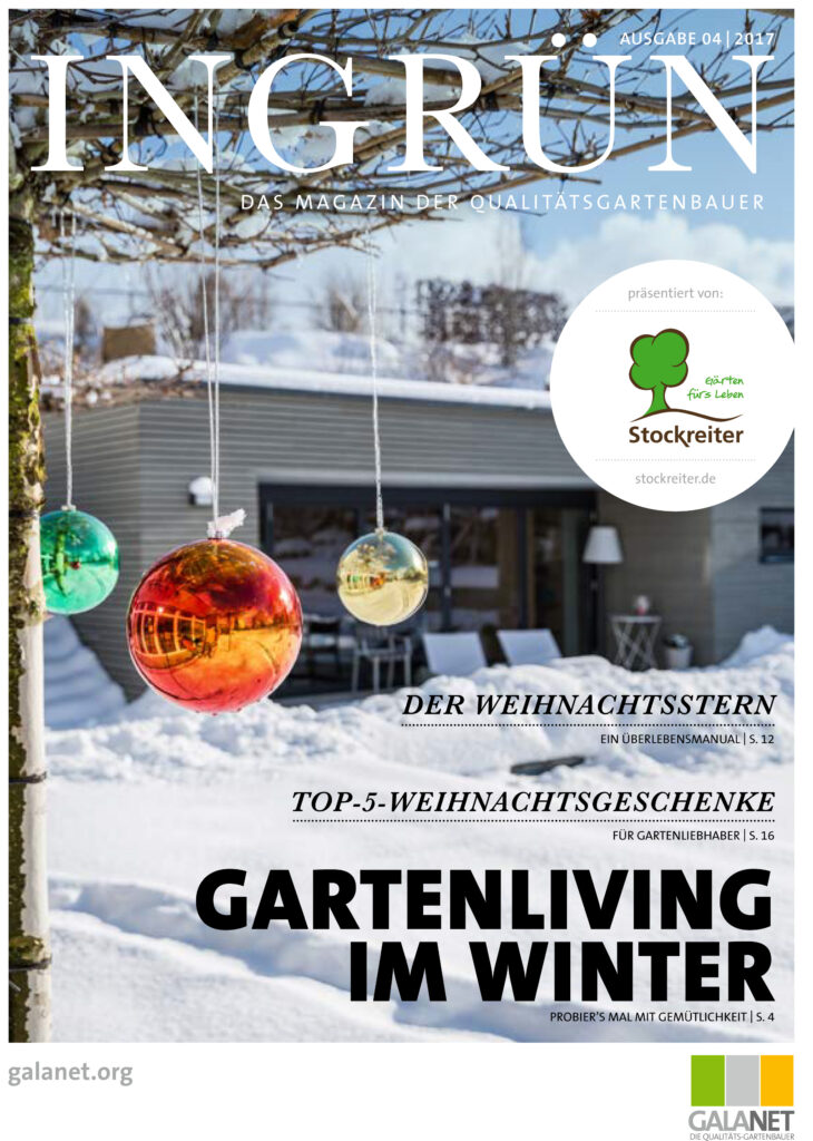 Bunte Weihnachtskugeln an schneebedecktem Baum vor modernem Gebäude; winterlich-festliche Stimmung.