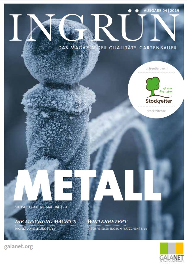 Magazin-Cover "INGRÜN" 04/2019: Raureif-bedecktes Metallgeländer, winterliche Gartenbau-Themen.