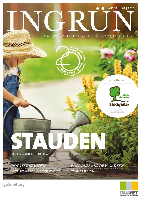 Ein Kind mit Strohhut gießt blühende Pflanzen, umgeben von lebendigen Farben auf einem Gartenmagazin-Cover.
