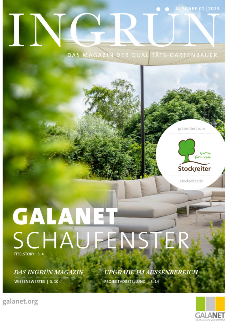Magazin-Cover "INGRÜN" zeigt eine moderne Gartenszene mit Sitzgruppe, Sonnenschirm und grüner Natur.