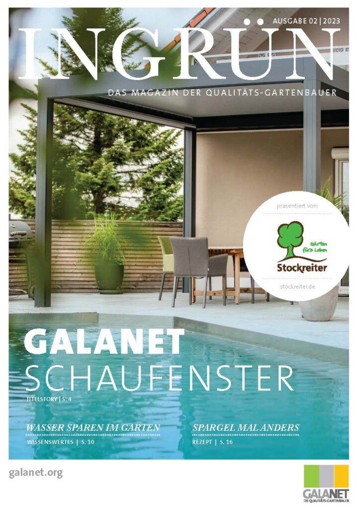 Magazincover "INGRÜN" zeigt modernen Außenbereich mit Pool, Pflanzen und Möbeln in entspannter Atmosphäre.