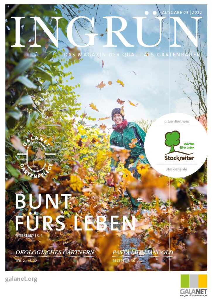 Person im grünen Regenmantel lächelt im herbstlichen Garten, umgeben von fliegenden bunten Blättern.