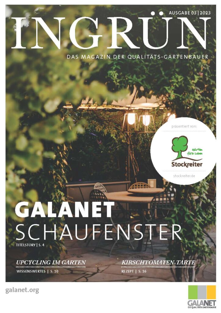 Cover der Zeitschrift "INGRÜN" mit Pflanzen, Tisch, Stühlen und Hängelampe; ruhige, gemütliche Atmosphäre.