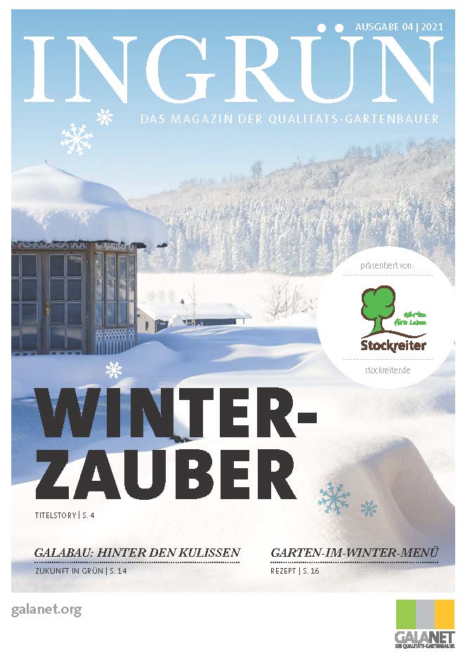 Magazincover "INGRÜN" 04/2021 zeigt einen schneebedeckten Pavillon in winterlicher Landschaft.