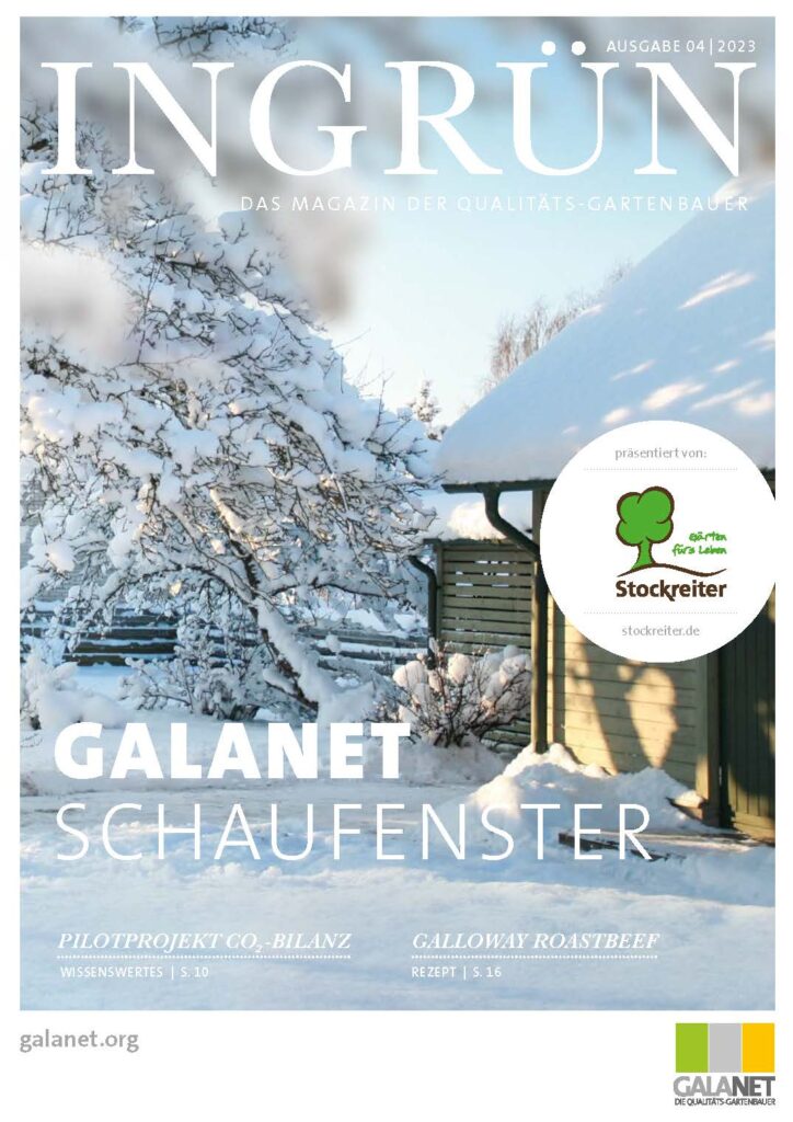 Verschneiter Garten mit Bäumen und Hausdach, ruhige Winterlandschaft, Cover der Zeitschrift "INGRÜN".