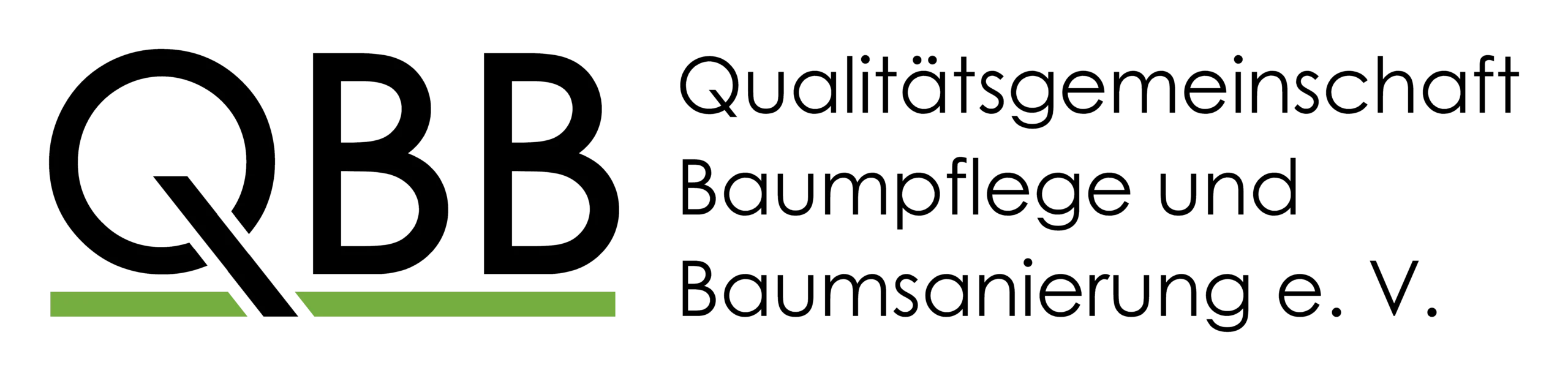 Logo der Qualitätsgemeinschaft Baumpflege und Baumsanierung e. V. mit großem "QBB" und grünem Balken.
