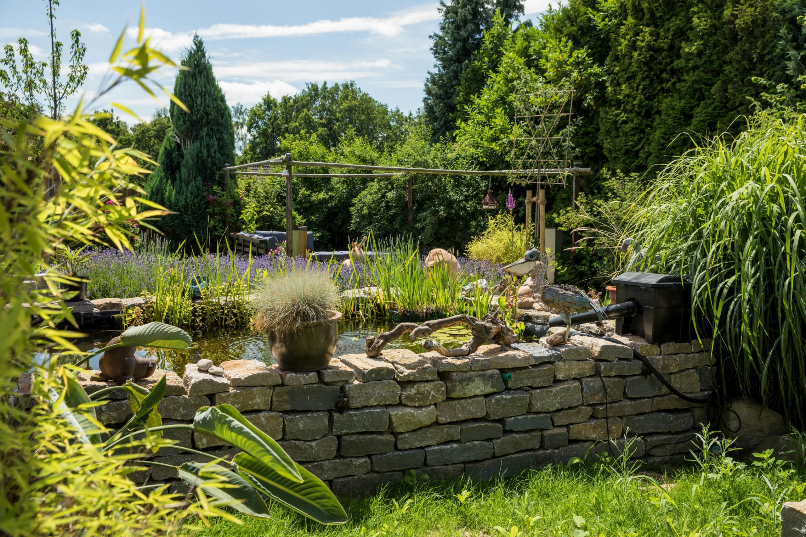 Ein ruhiger Gartenteich mit Steinmauer, umgeben von üppigen Pflanzen und einer Metallentenfigur.