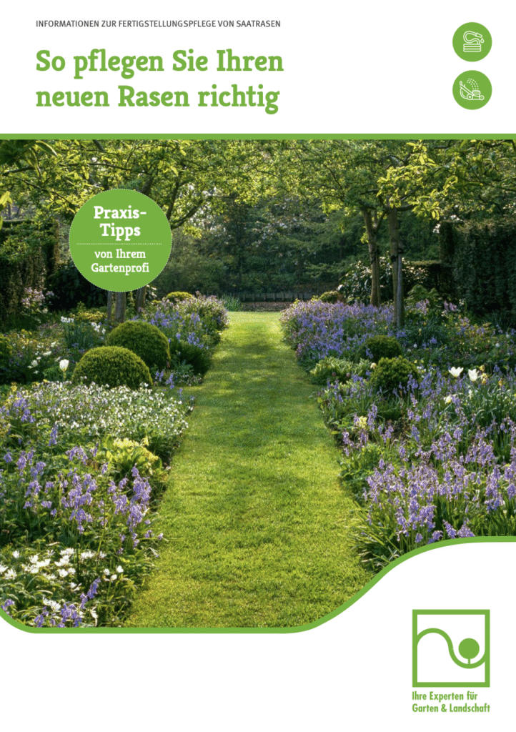 Broschüre zeigt gepflegten Garten mit grünem Rasenweg, umgeben von lila und weißen Blumenbeeten.