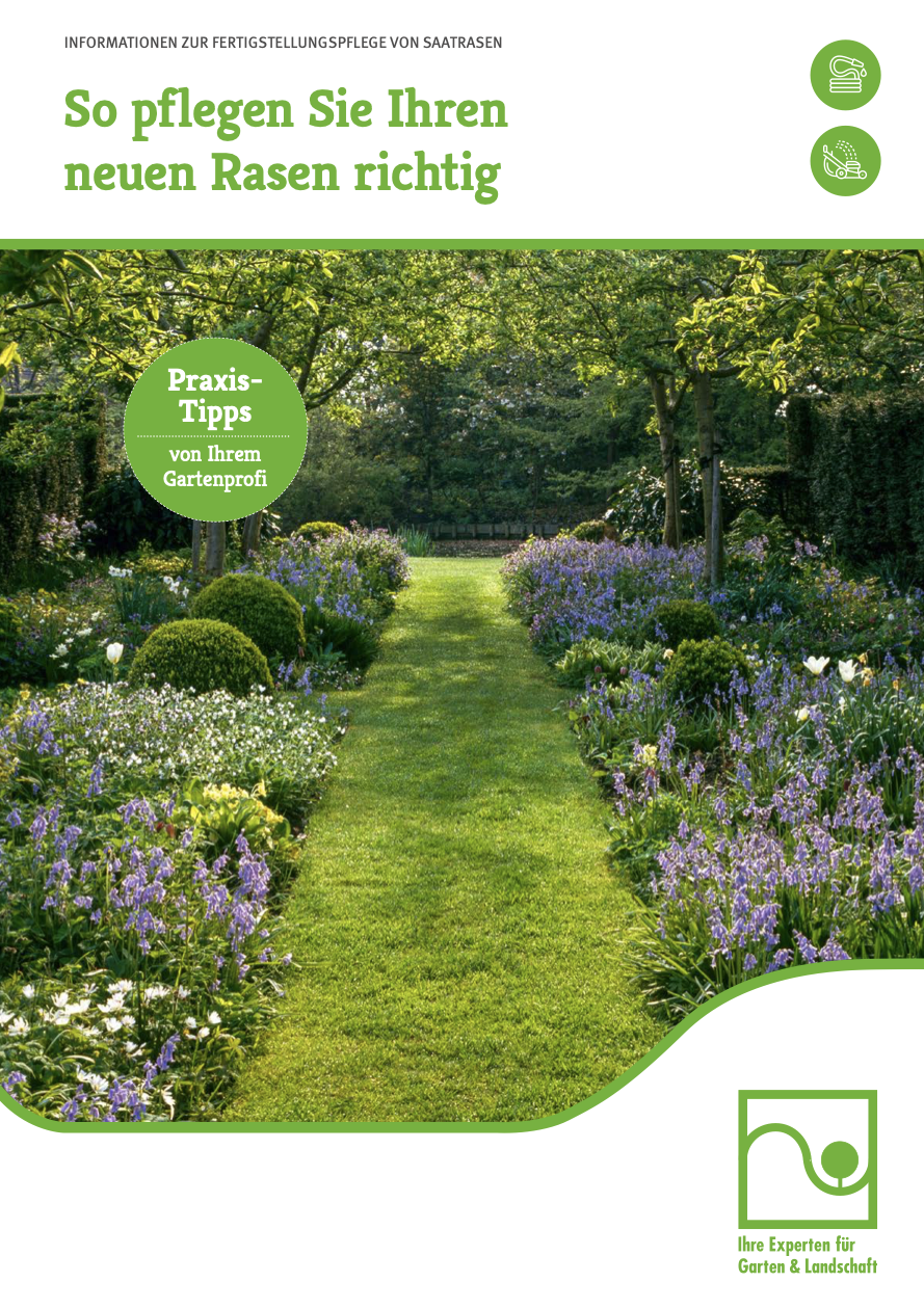 Broschüre zeigt gepflegten Garten mit grünem Rasenweg, umgeben von lila und weißen Blumenbeeten.