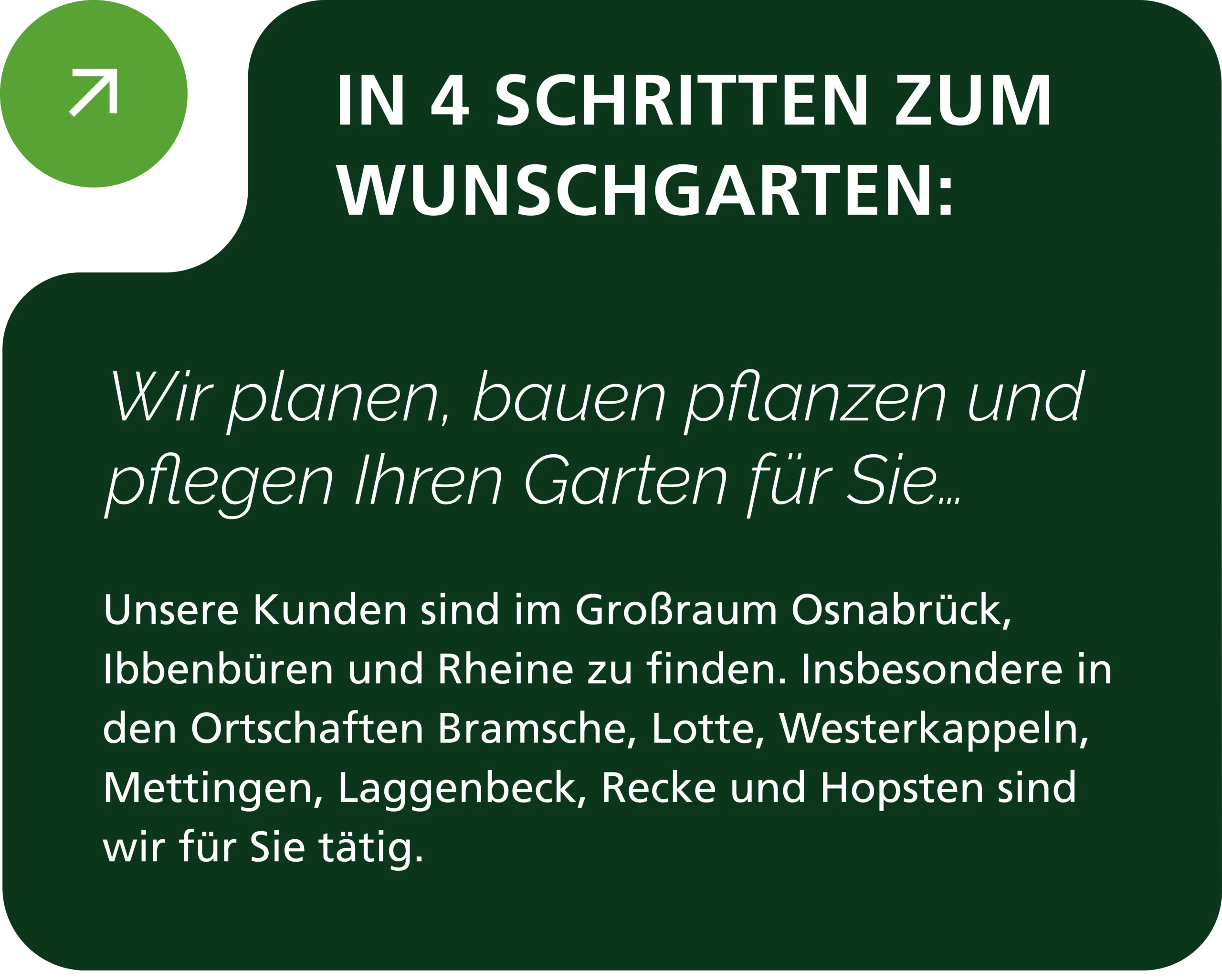 Werbegrafik für Gartengestaltung: Grüner Hintergrund, weißer Text, hellgrüner Kreis mit Pfeil.