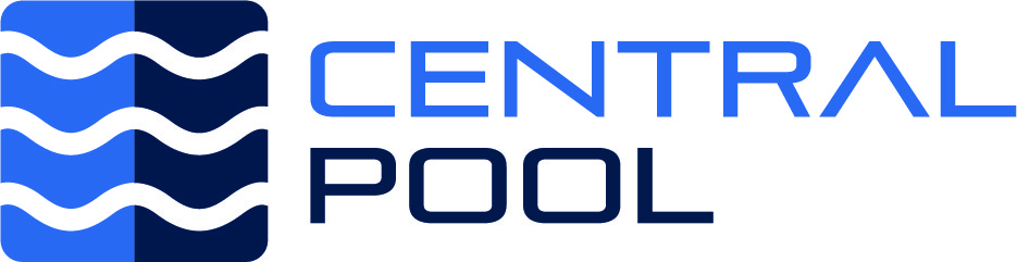 Logo mit dem Text "CENTRAL POOL" in Blau, begleitet von wellenförmigen Linien links vom Text.