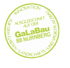 Rundes, grünes Siegel mit der Aufschrift "Ausgezeichnet auf der GaLaBau 88 Nürnberg".