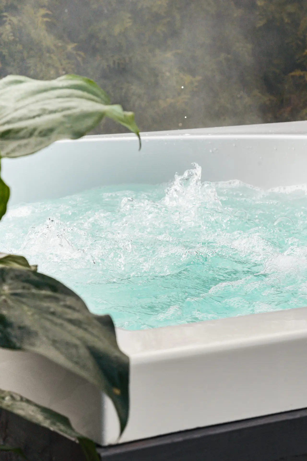 Ein sprudelnder Whirlpool im Freien, umgeben von grüner Natur.