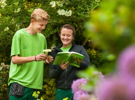 Zwei Personen im Garten, eine liest aus einem Pflanzenbuch vor, die andere betrachtet eine Blume.