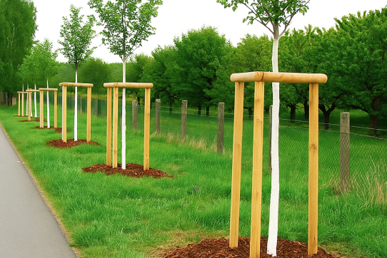 Junge Bäume entlang eines Weges, gestützt von Holzpfählen, umgeben von Mulch und grünem Gras.