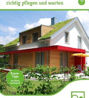 Ein modernes Haus mit begrüntem Dach, roter Markise, gelbem Sonnenschirm und Gartenmöbeln unter blauem Himmel.
