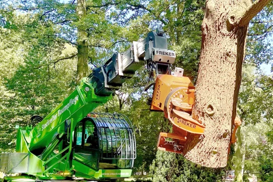 Ein grünes Baumpflegefahrzeug bearbeitet mit einem mechanischen Arm einen Baum in einer grünen Umgebung.