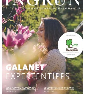 Eine lächelnde Frau genießt blühende Magnolien; Cover der Gartenbauzeitschrift "INGRÜN", Ausgabe 01/2024.