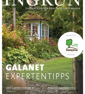 Magazin-Cover "INGRÜN" 03/2024: Gartenpavillon umgeben von üppiger Vegetation und bunten Blumen.