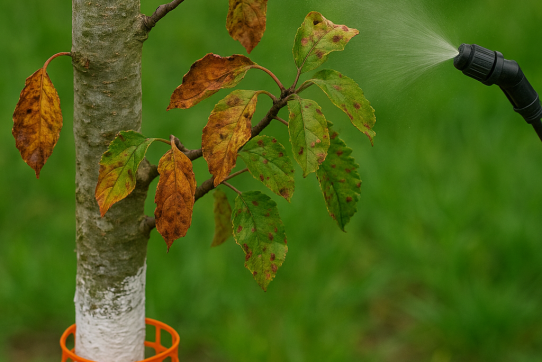 Ein junger Baum mit orangefarbenem Schutzgitter wird von einer Sprühdüse besprüht.