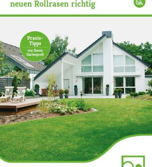 Moderne Gartenlandschaft mit gepflegtem Rasen, Holzterrasse, Teich und weißem Haus im Hintergrund.
