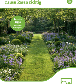Broschüre zeigt gepflegten Garten mit grünem Rasenweg, umgeben von lila und weißen Blumenbeeten.