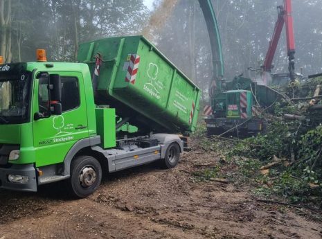 Ein grüner Lastwagen mit Container wird von einer Maschine mit Holzspänen aus einem Wald gefüllt.